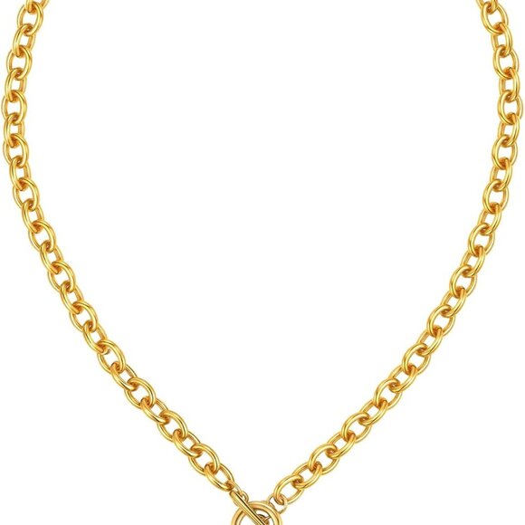 Chunky Gold Necklace Women Heart Pearl Pendant Stainless Steel Trendy Jewelry - Picture 1 of 6